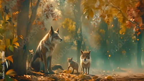 Fox Family in a Golden Autumn Forest with Ai generated.
 photo