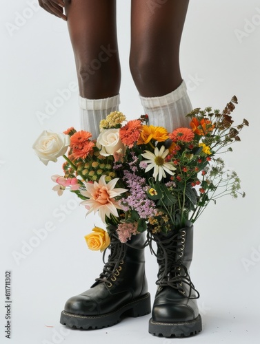 A bouquet of flowers is inserted into black boots. Legs of a model on a red background. Photography in fashion editorial style.