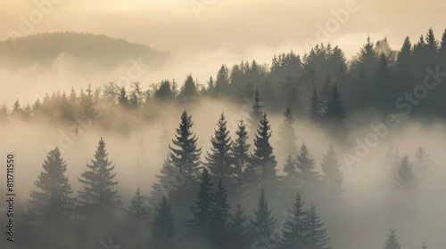 Morning mist  spruce tree silhouettes in silesian beskydy mountains emerge from fog
