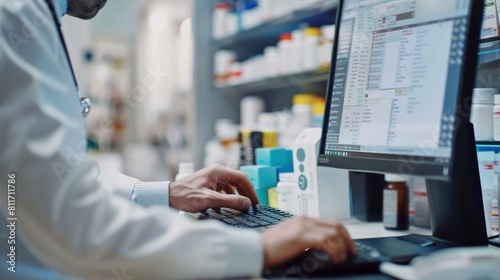 Pharmacist wearing white coat using computer to check medicine prescription and safety ratings while working in a hospital or drugstore.