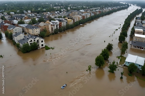 Strong flood in the city, aerial view from a drone.