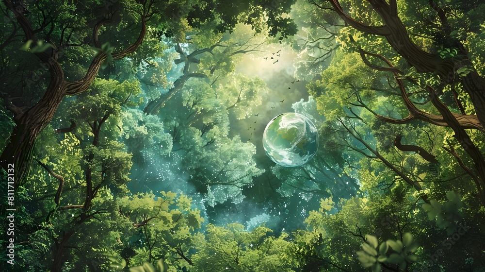 Earth Nestled in a Vibrant Forest Canopy A Serene Vision of Ecoconscious