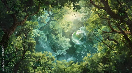 Earth Nestled in a Vibrant Forest Canopy A Serene Vision of Ecoconscious