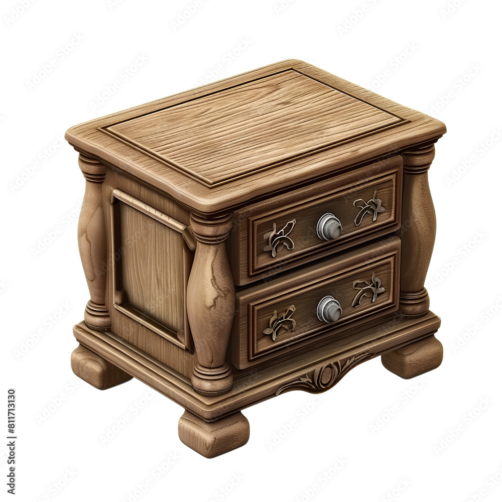 Ornate Wooden Nightstand with Carved Details and Two Drawers, isolated, transparent background, white background, no background Ornate Wooden Nightstand with Carved Details and Two Drawers, isolated, transparent background, white background, no background