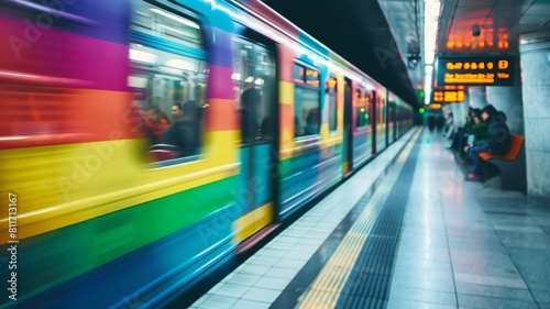 A vibrant, colorful train swiftly passes through a subway station while passengers wait on the platform, blurred by the train's speed.