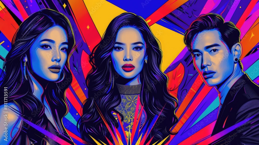 Fototapeta premium Three women and a man are shown in a colorful poster