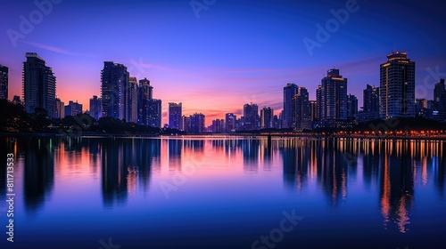 An elegant evening city skyline  lights reflecting on a calm river  skyscrapers silhouetted against a twilight sky  capturing urban beauty. Resplendent.
