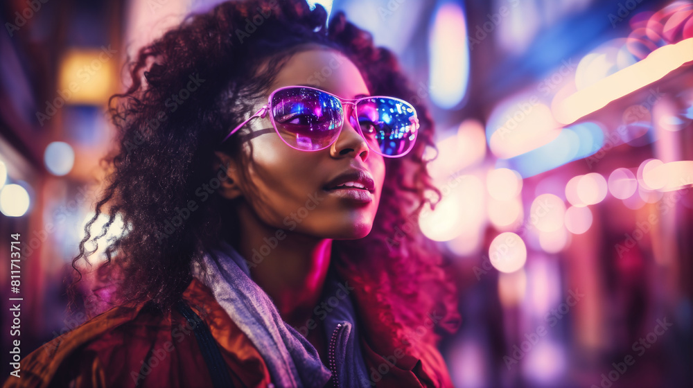 portrait of a girl against the background of the night streets of a modern city, with neon lights and glow portrait of a girl against the background of the night streets of a modern city, with neon lights and glow