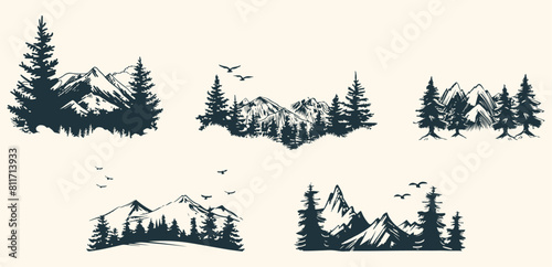 set of outdoor logo template. mountain landscape peak with bird icon logo vector.