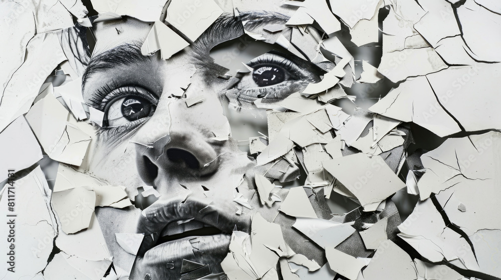 A womans face is visible through a fractured section of a wall ...