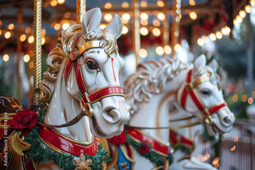Carousel horses adorned with festive decorations