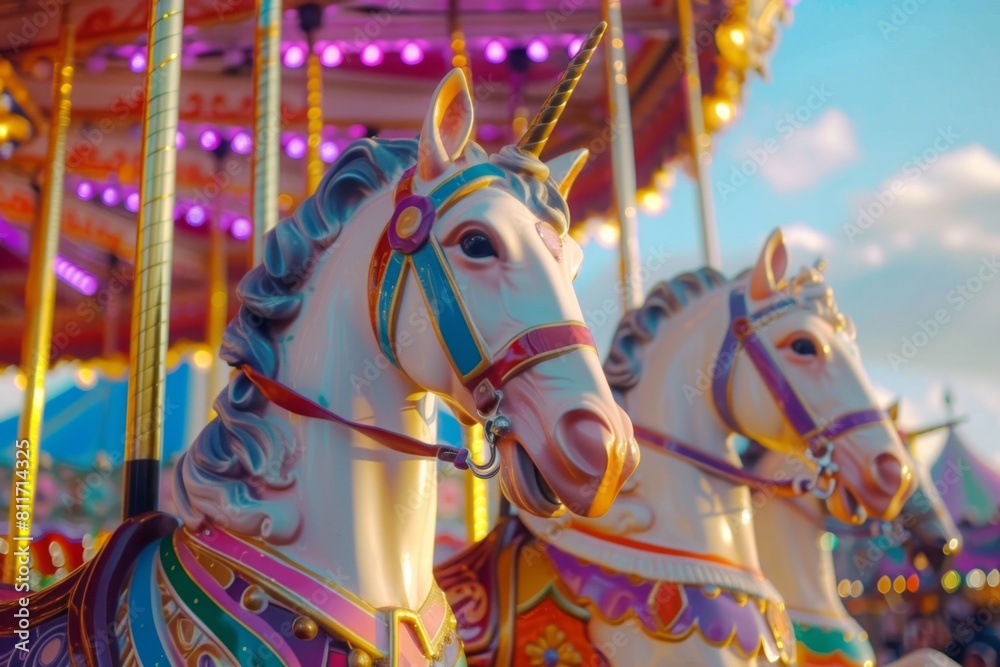 Carousel horses adorned with colorful