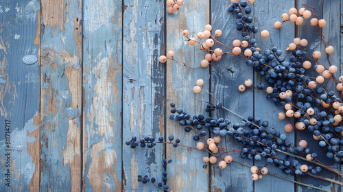 Indigo and peach berries arranged elegantly on faded wooden planks a Memorial Day tableau.