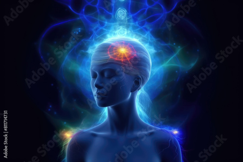 A womans head is positioned at the center of her body  creating a unique visual perspective