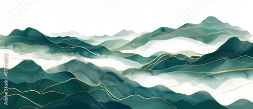 Wallpaper Mural Minimalistic vector background with golden lines, waves and green blue mountains in the style of Japanese minimalism (kitchen glass) Torontodigital.ca