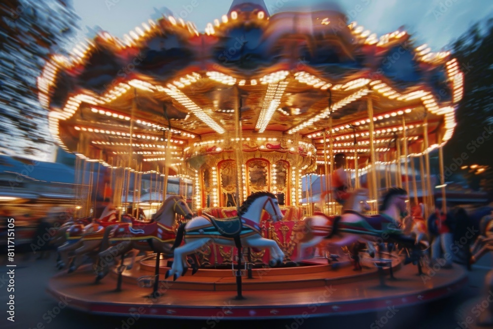 Carousel spinning against a backdrop of city lights