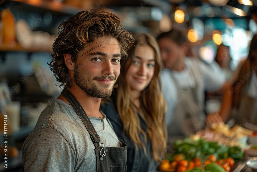 Smiling young man in apron with tousled hair enjoying a moment with a woman in a vibrant market atmosphere Smiling young man in apron with tousled hair enjoying a moment with a woman in a vibrant market atmosphere