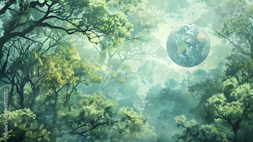 Earths Sphere Nestled in a Verdant Forest Canopy An Illustrators Sustainable Vision