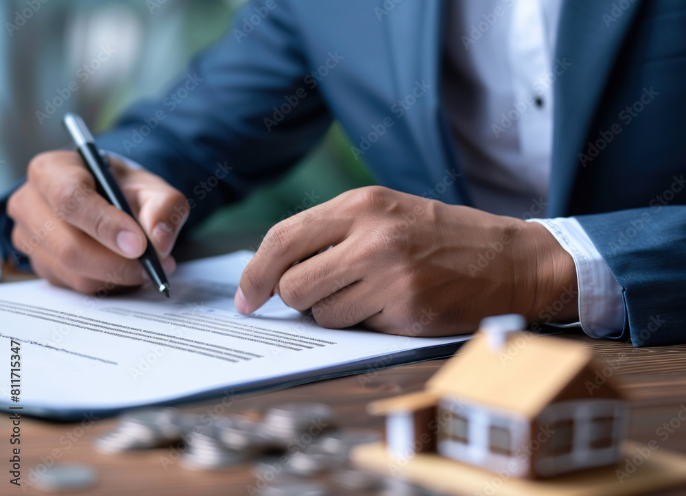 Fototapeta premium Businessman, broker or lender signing real estate investment, mortgage or home loan agreement, contract, professional document