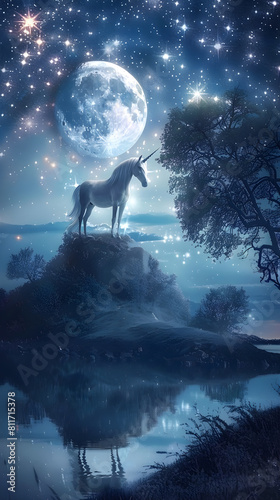 Celestial Serenity: An Enchanting Unicorn Underneath the Moonlit Sky