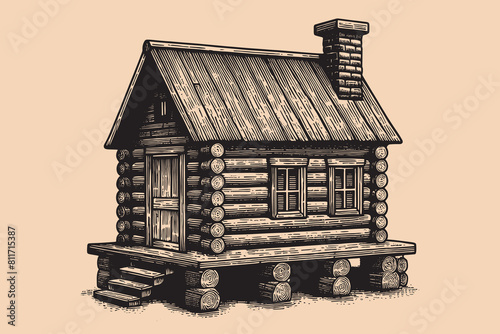 Old wooden forest hut. House made of logs. Old vintage engraving illustration. Hand drawn outline graphic. Logo, emblem, icon. Isolated object, cut out. black and white	