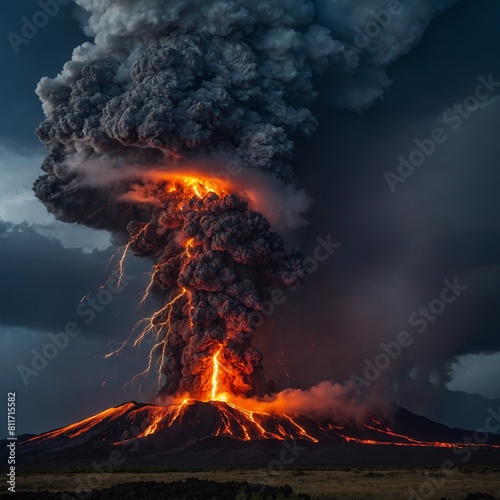 Volcano eruption with sparks and lightning