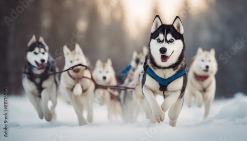 Siberian Husky dog team pulling sled 