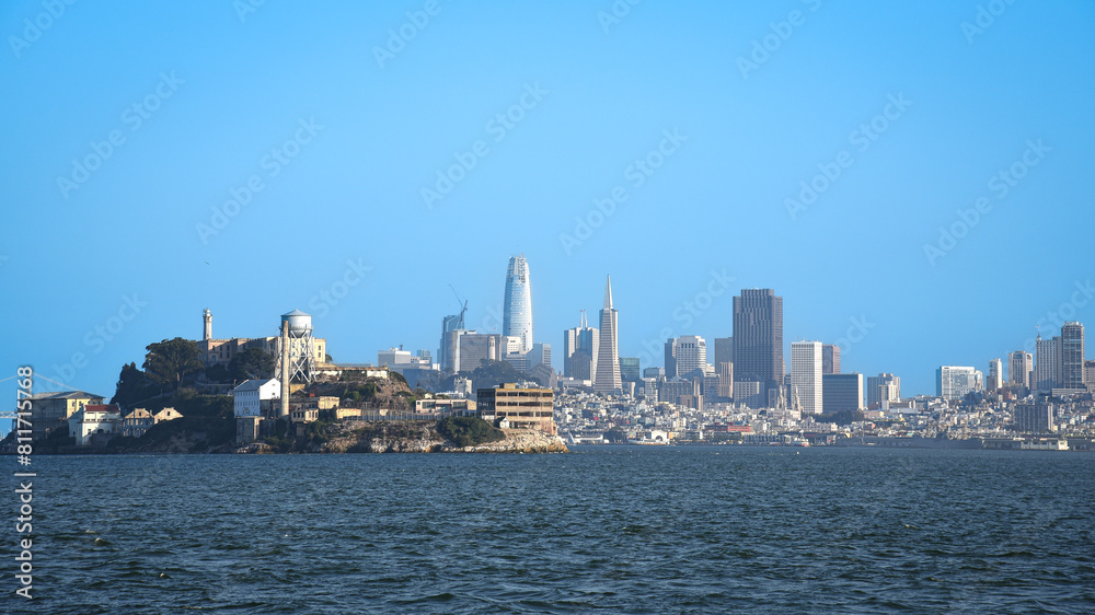 Alcatraz Island and San Francisco Skyline seen from a Boat on the Bay Alcatraz Island and San Francisco Skyline seen from a Boat on the Bay