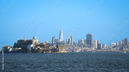 Alcatraz Island and San Francisco Skyline seen from a Boat on the Bay