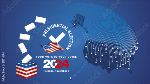 Presidential Election, 2024. USA political election campaign info graphic banner with blue background. USA Voting Day 2024. Ballots fly into the ballot box. USA flag and map on blue background © simbos