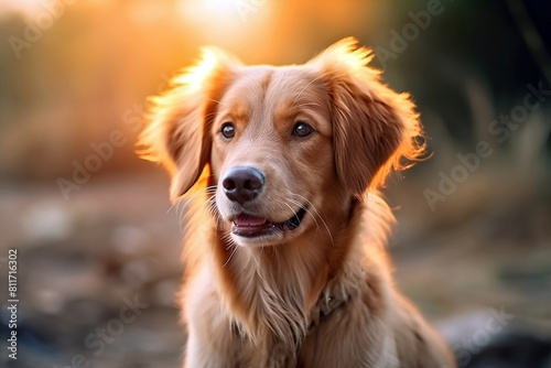 Portrait of a golden retriever dog in the sunset light. Blurred background with copy space.