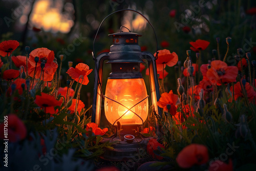 Dusk setting with a vintage lantern among poppies, casting warmth on Memorial Day.