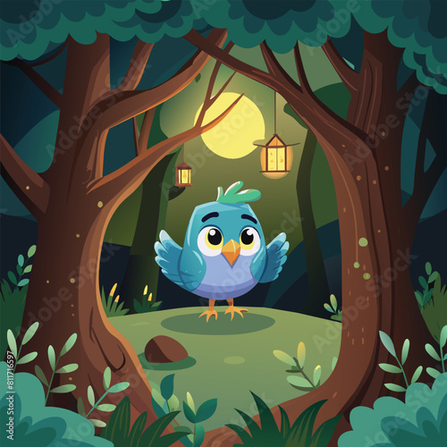 A blue bird is looking out of a hole in the forest