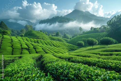 A serene landscape of vibrant green tea plantations with mist rolling over the hills at morning