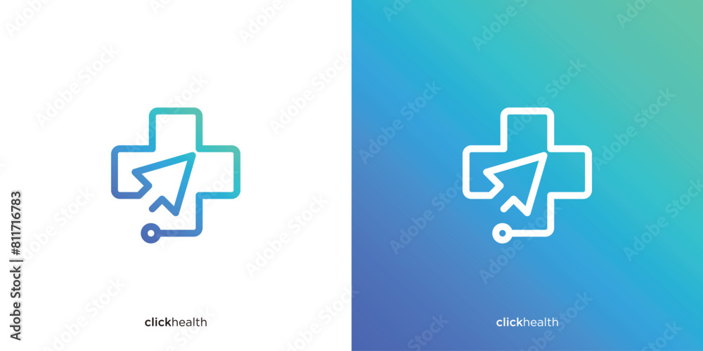 Obraz premium Simple Click Health Logo. Cross Health with Click Symbol, Online Clinic or Hospital Drug Store Logo and Others.