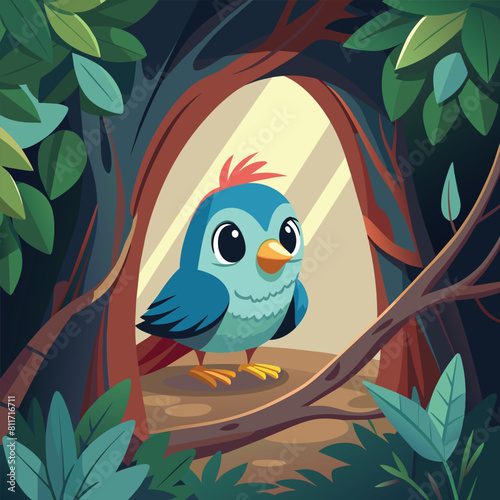 A blue bird is looking out of a hole in the forest