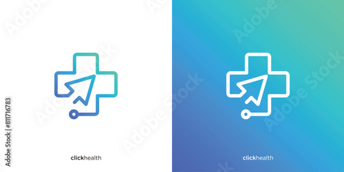 Simple Click Health Logo. Cross Health with Click Symbol, Online Clinic or Hospital Drug Store Logo and Others.