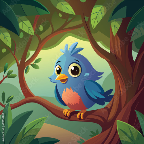 A blue bird is looking out of a hole in the forest