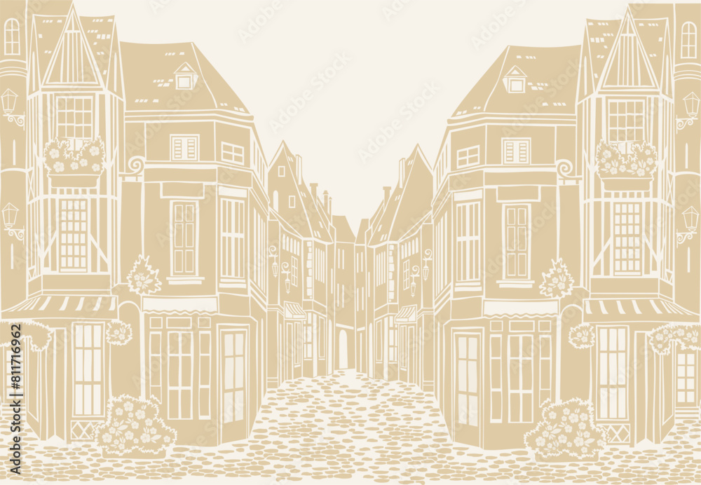 Old town. Street cafe. Old city view. European cityscape: house, building, Street cafe. Old houses on white background.  antique medieval treasure parchment. Vector Illustration