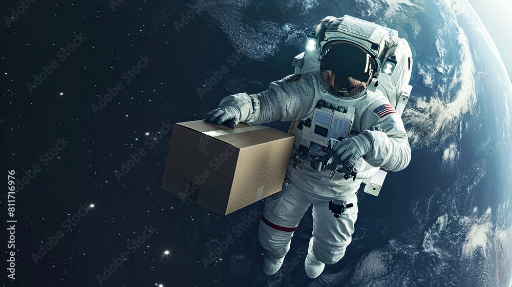 Fototapeta premium Astronaut with cardboard box delivery in space