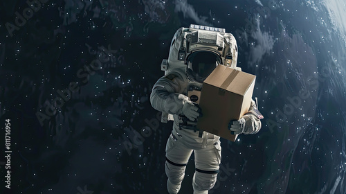 Astronaut with cardboard box delivery in space