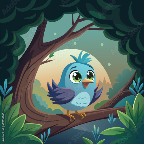 A blue bird is looking out of a hole in the forest