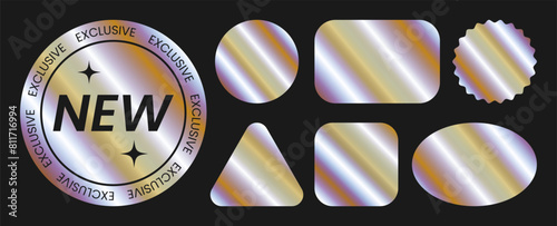 Set of color holographic stickers templates, label with holographic metallic gold effect. Shiny rainbow emblems in different shapes. New, exclusive. Vector illustration EPS10