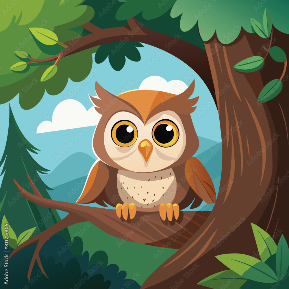 Obraz premium Cartoon owl sitting on a branch on a blue background with trees and sky in the background