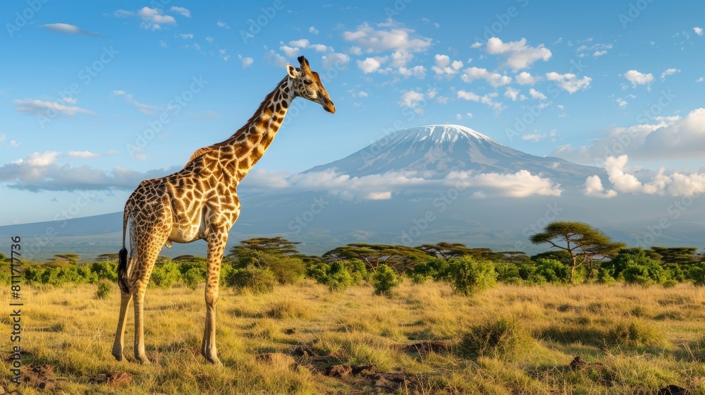 Obraz premium Giraffe in kenya national park with majestic mount kilimanjaro in the background, africa