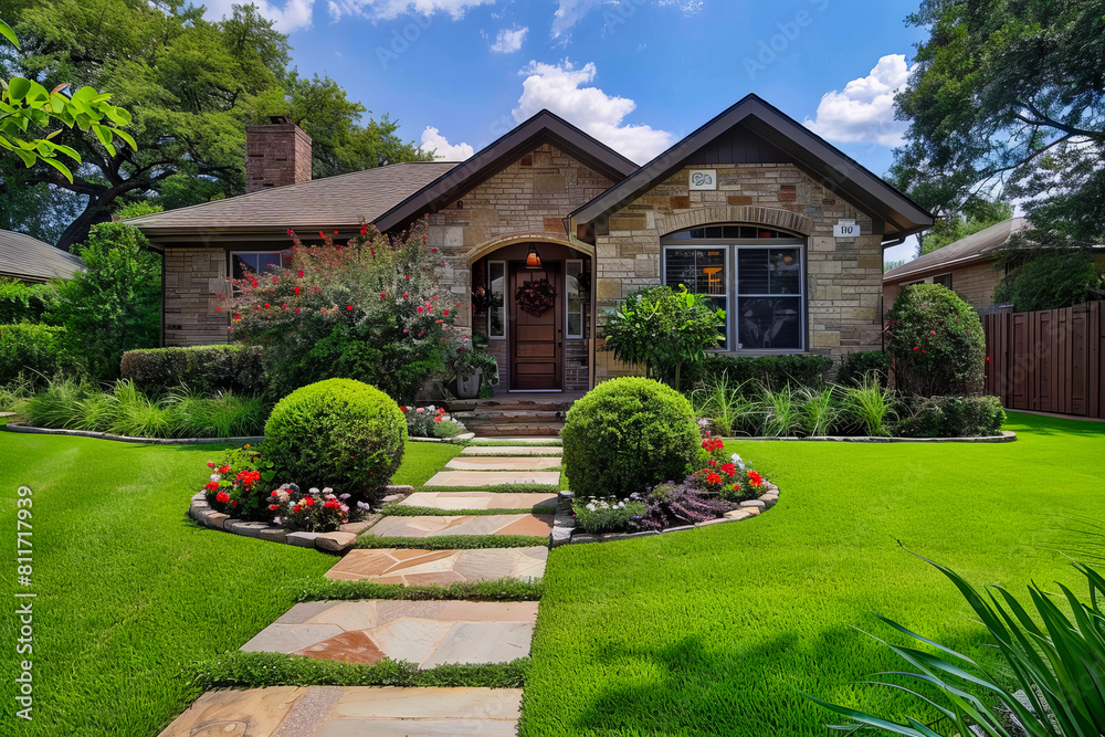 A beautiful home with a stone walkway and green grass.