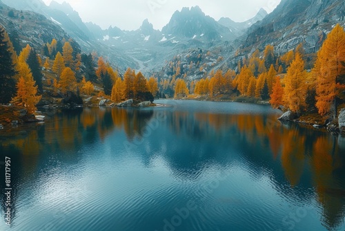 A moody image with a still alpine lake reflecting autumnal trees, surrounded by misty mountains and a moody blue atmosphere
