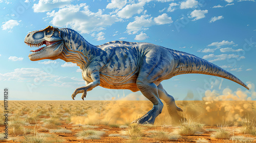 A large T-Rex is running through a desert