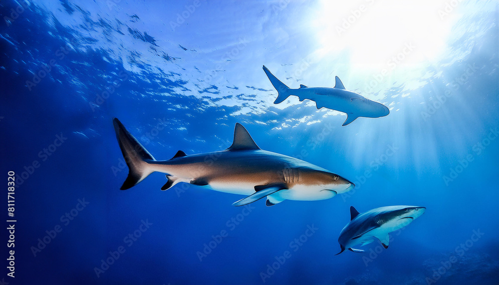 Obraz premium 太陽の光が溶け込む青い海を泳ぐサメ