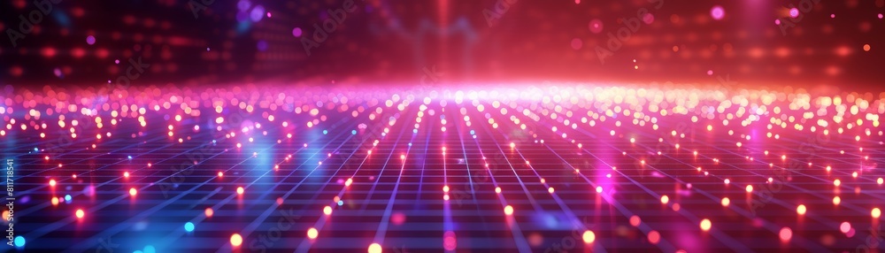 Obraz premium Neon Grid: Particle Floating Above Vibrant Neon Structure